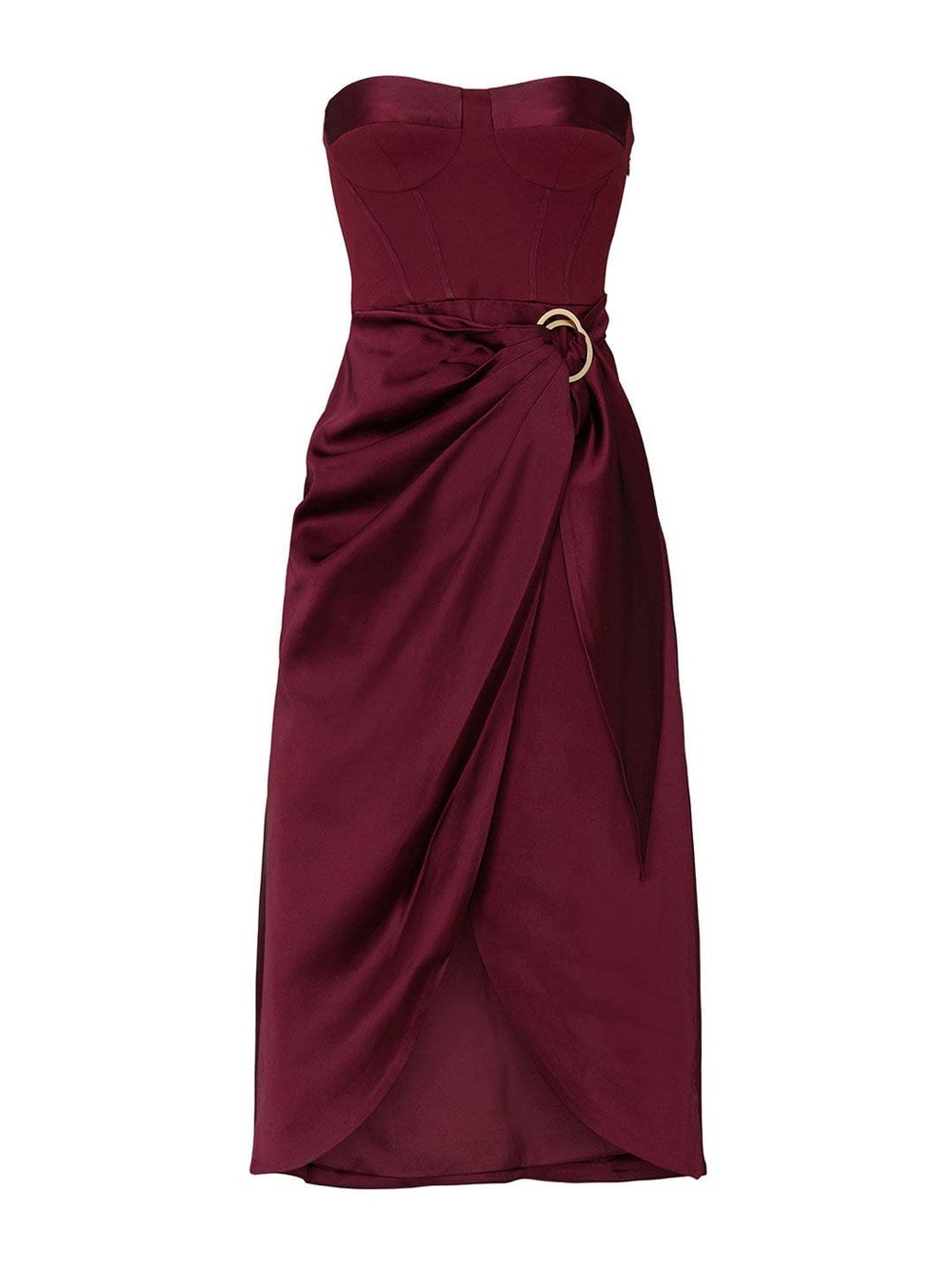 JONATHAN SIMKHAI Strapless Burgundy Satin Draped Midi Dress